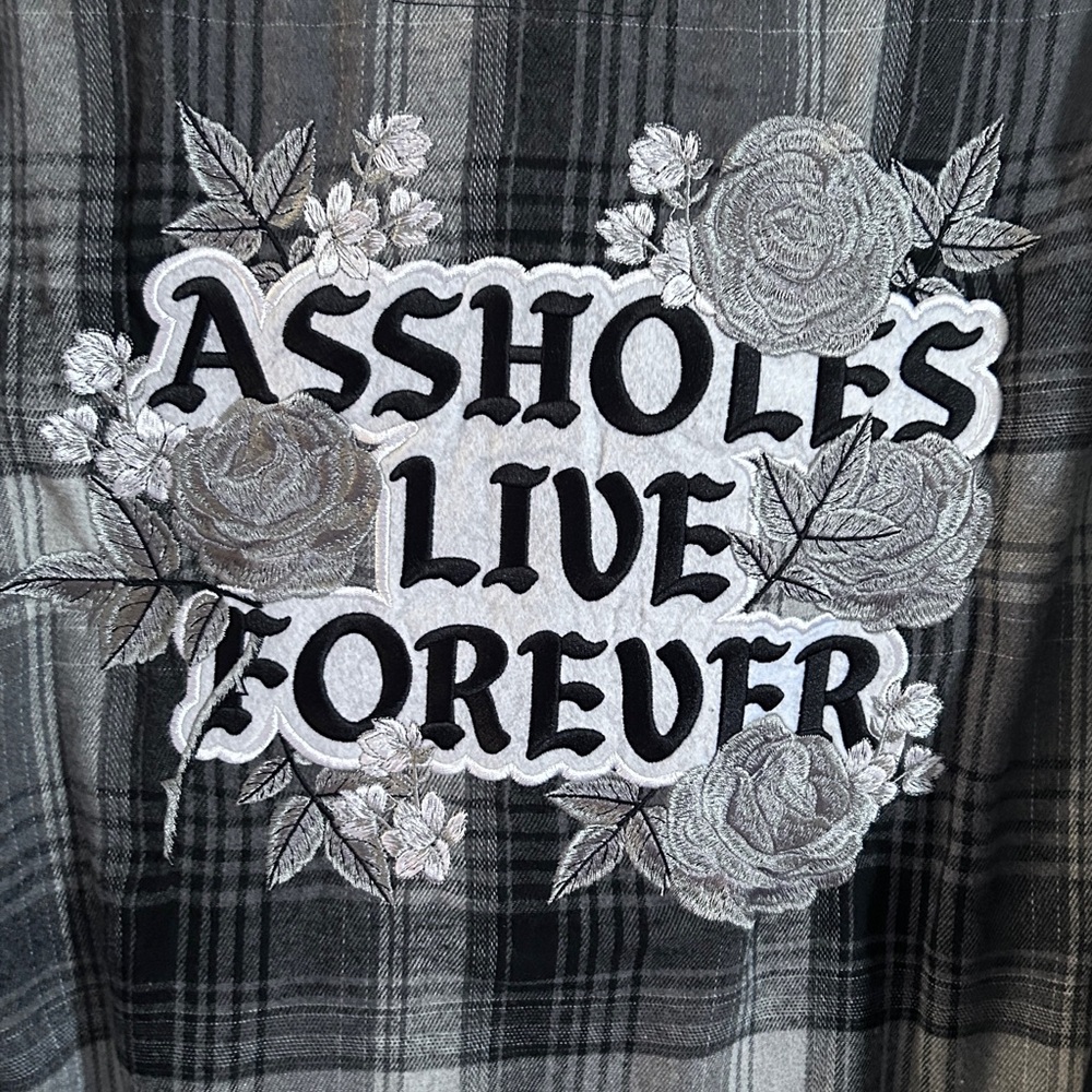 Flannel NEW Black and Gray Plaid  Shirt “ASSHOLES LIVE FOREVER” - Picture 8 of 11